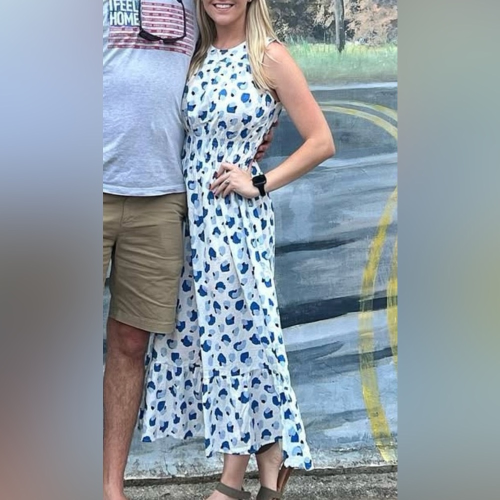 Michelle McDowell Blue and White Patterned Maxi Dress